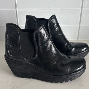 Black Patent Leather Fly London Glossy Black Wedge Boots